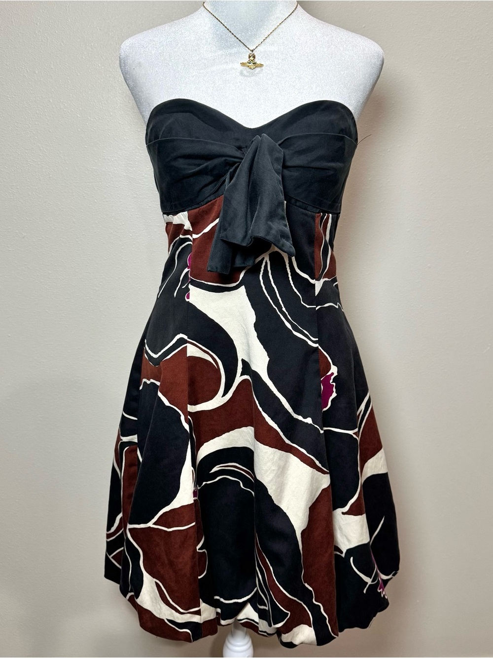 Strapless Black Brown Abstract Print A-Line Bubble Women’s 6 Chic Silk Dress